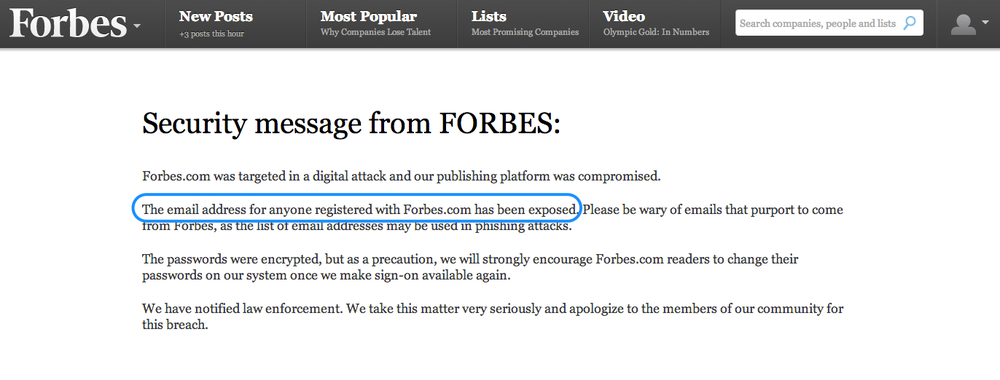 The security message currently on Forbes.com, February 17th, 2014. 