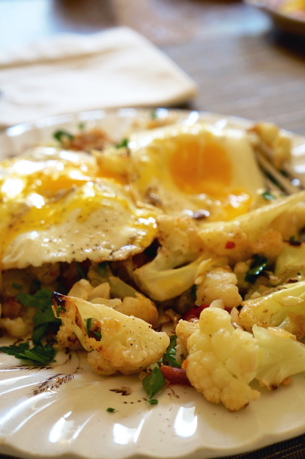 roasted cauliflower with fried eggs via sarahdigrazia.com