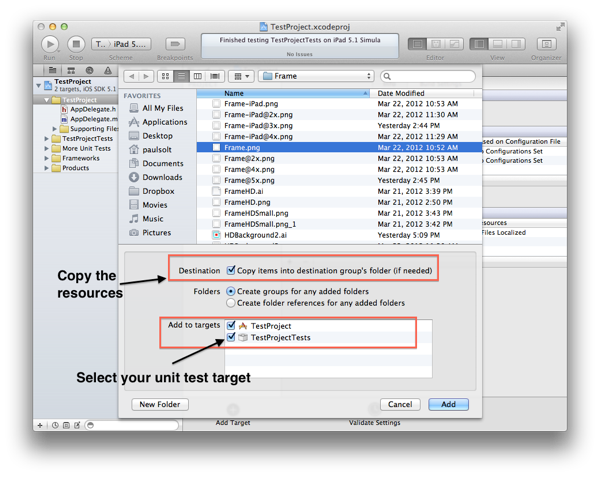 Copy Items and add to Unit Test Target in Xcode 4