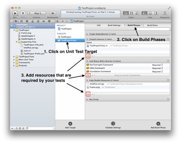 Build Phases for unit test in Xcode 4