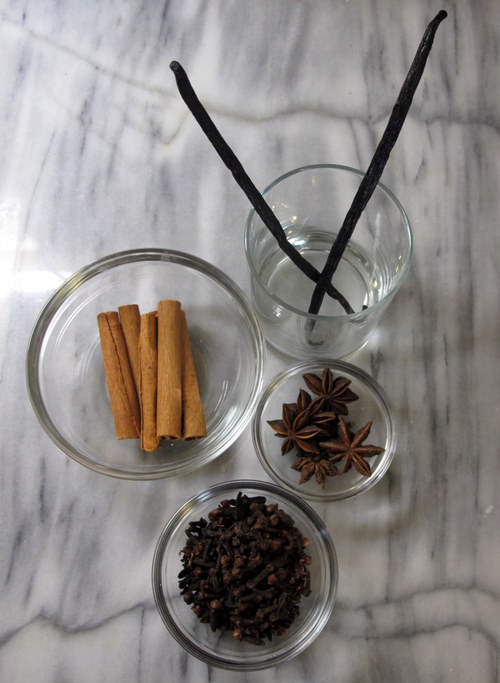 Vanilla pods, Vietnamese Cinnamon, Star Anise, and Whole Cloves