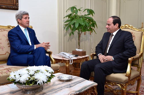 Click photo to download. Caption: U.S. Secretary of State John Kerry meets with Egyptian President Abdel Fattah El-Sisi at the Presidential Palace in Cairo on July 22, 2014, to discuss a possible cease-fire deal for the conflict between Israel and Hamas. Relations between the U.S. and Egypt, longtime allies, have been strained since America supported the ouster of Egyptian president Hosni Mubarak in 2011. Credit: U.S. Department of State.Â 
