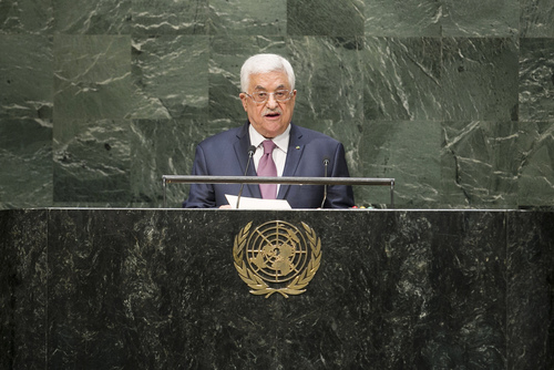 Click photo to download. Caption: Palestinian Authority President Mahmoud Abbas addresses the U.N. General Assembly on Sept. 26. Credit: UN Photo/Amanda Voisard.
