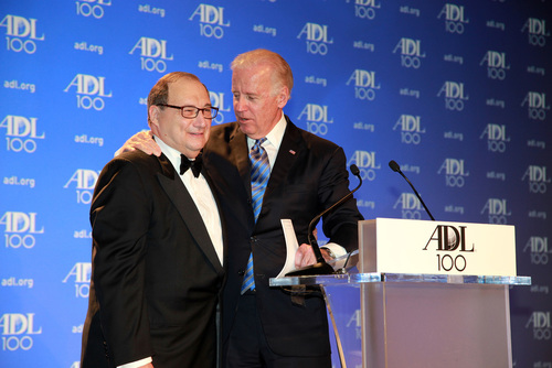 Click photo to download. Caption: Vice President Joe Biden, right, sings "happy birthday" to Abraham H. Foxman, national director of the Anti-Defamation League (ADL), at the ADL's Centennial Gala on April 30, 2013 in Washington, DC. Credit: David Karp.
