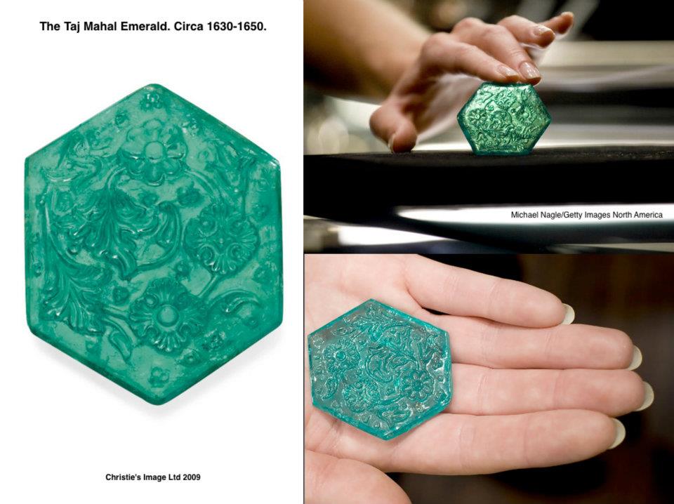 One of the most treasured jewel in Indian history: The Taj Mahal Emerald. Circa 1630-1650. A hexagonal-cut emerald, weighing approximately 141.13 carats, it is carved with stylized chrysanthemum, lotus and Mughal poppy flowers, within asymmetrical foliage, to the plain reverse and beveled border. This intricately carved stone is one of a small group of exquisite emeralds commissioned by the Mughal Court, possibly during the reign of Emperor Shah Jahan. The name of the emerald is derived from its intricately carved surface of lotus, poppy flowers, and other foliage that mirrors the decoration of the Taj Mahal. At the Paris Exhibition of 1925, 'The Taj Mahal Emerald' was one of three large Mughal emeralds that featured prominently in Cartier’s Collier Bérénice, a spectacular shoulder ornament that also boasted pearls, diamonds, and black enamel.