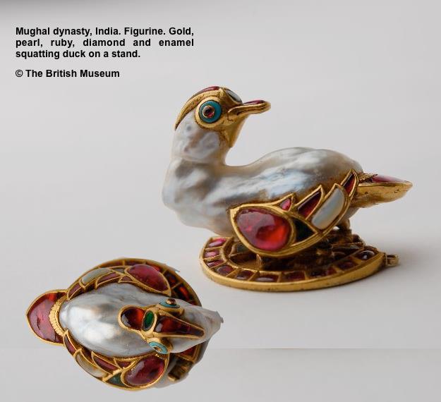 This extraordinary figurine comes from the Mughal dynasty of India. Gold, pearl, ruby, diamond and enamel squatting duck on a stand. Photo: British Museum