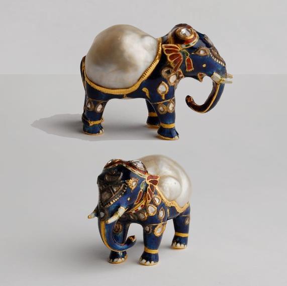 Gold and enamel figurine of an elephant with large natural baroque pearl forming its back and diamonds on its head. Mughal, India. Image credit: British Museum