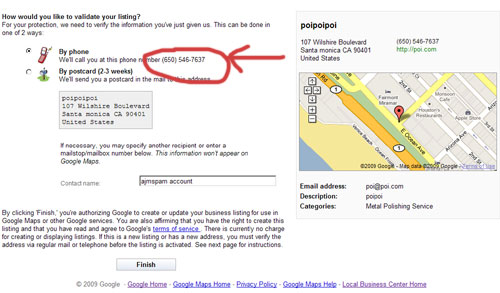 This is the phone number which Google will ring to verify your business in Google Local Business Search