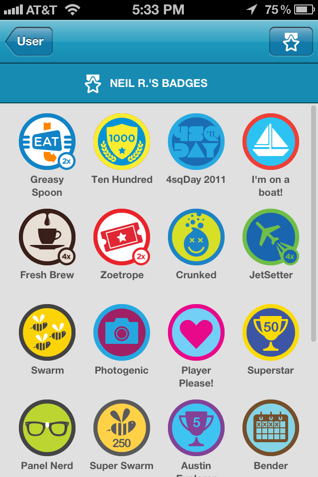 Screenshot of Neil's Foursquare Badges