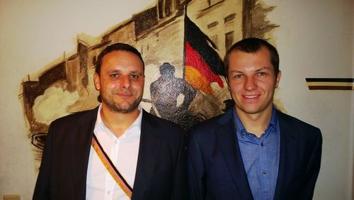 Manuel Ochsenreiter and Ruben Rosiers during a geopolitical conference in Bielefeld (2013)