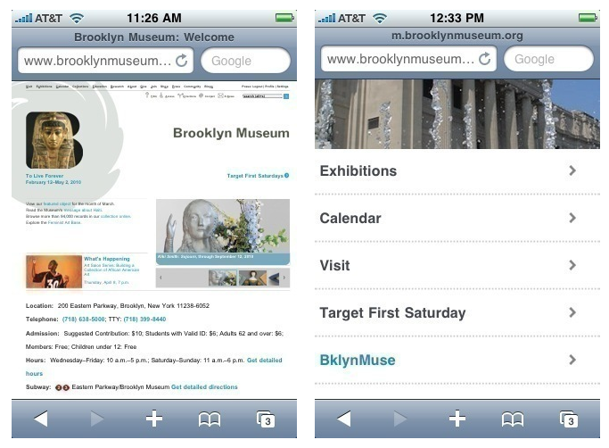 Brooklyn Museum's main website (left) and their mobile site (right). Via the Brooklyn Museum blog