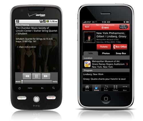 The music player feature on InstantEncore's Android app (left) and the events feature on InstantEncore's iPhone app (right).