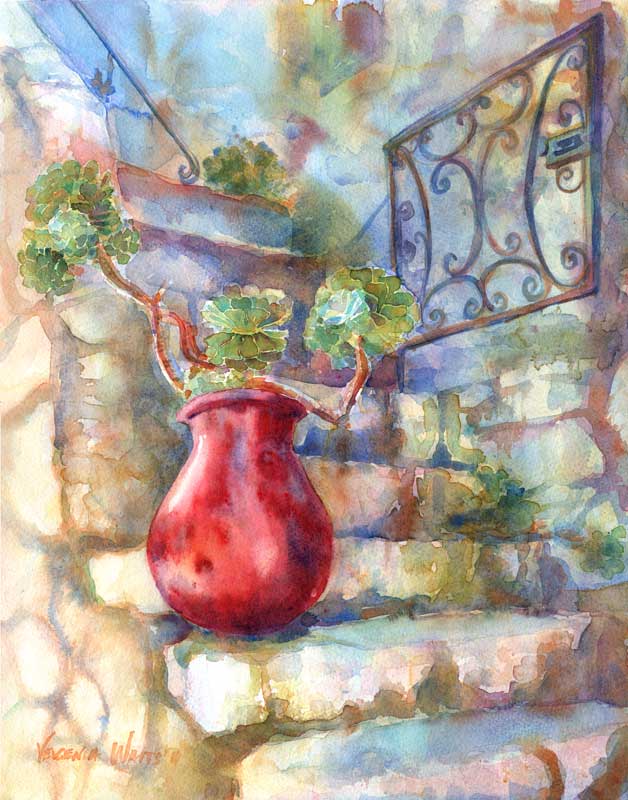 red pot on stone stairs watercolor painting european street scene