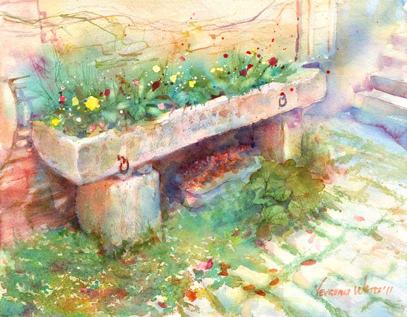 planter on cobble stone street european watercolor painting