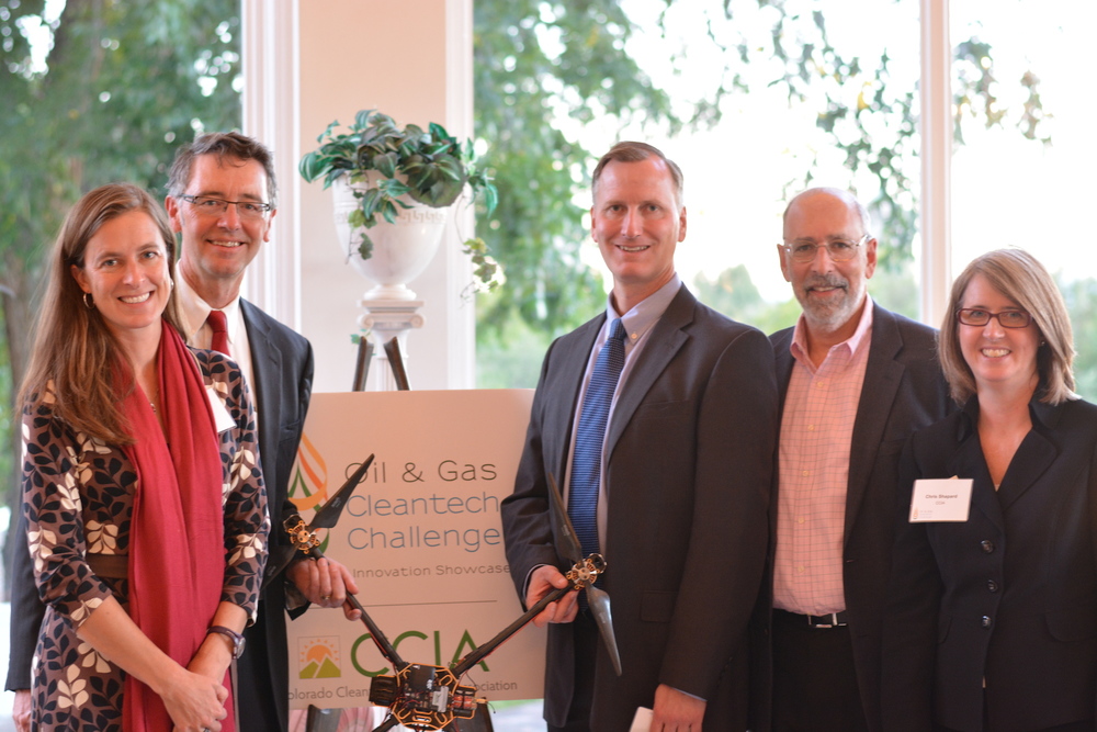 Agribotix principals Tom McKinnon, Paul Hoff, and Wayne Greenberg are joined by CCIA representatives Shelly Curtis and Chris Shapard at the Governor's Mansion after the announcement of the winners.