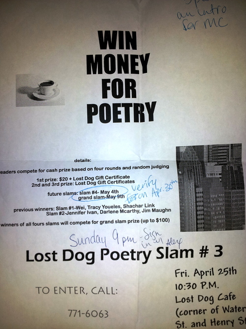 My first poetry slam, at the Lost Dog Cafe in Binghamton, NY