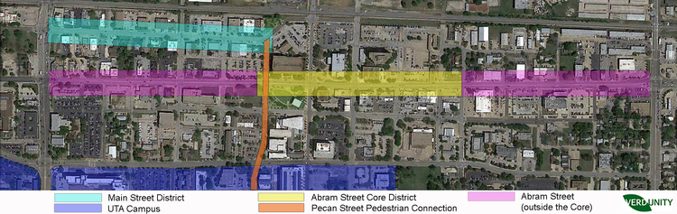 Concept Plan showing the relationship between the Abram Street corridor, Main Street District, and UTA campus