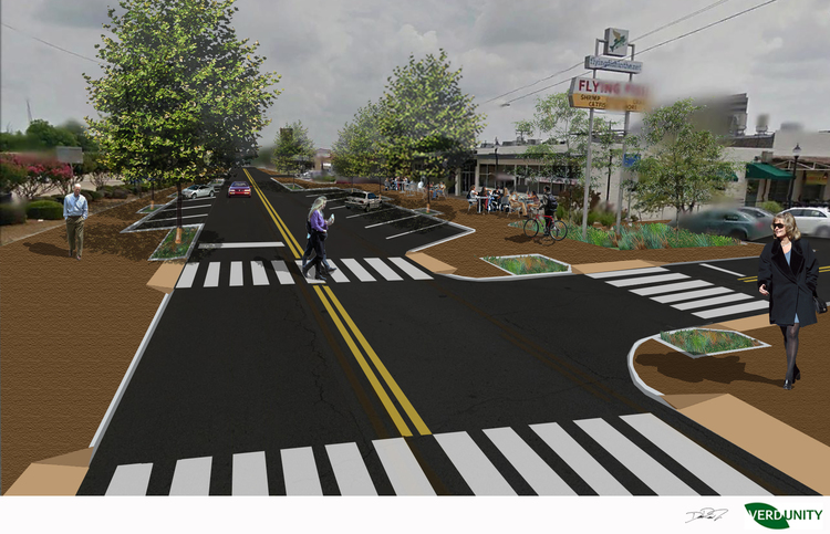 Rendering of a potential pedestrian-focused response on Abram Street (one travel lane and angled parking on both sides)