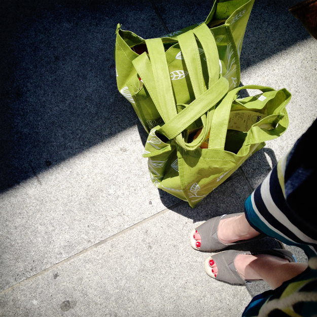 Feet with reusable bag groceries