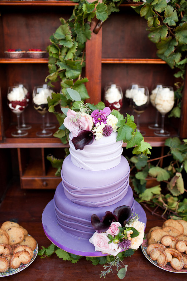 purple cake, purple wedding, rustic wedding, style me pretty, ombre cake, petal pushers