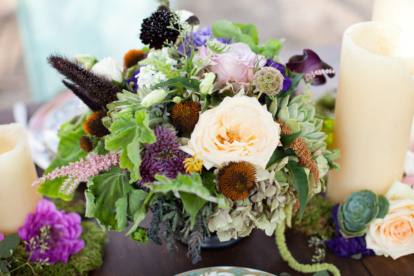 centerpiece, natural, winery, green flowers, purple majesty, eggplant scabiosa