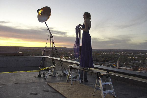 The sun sets high atop downtown Albuquerque as we begin shooting.