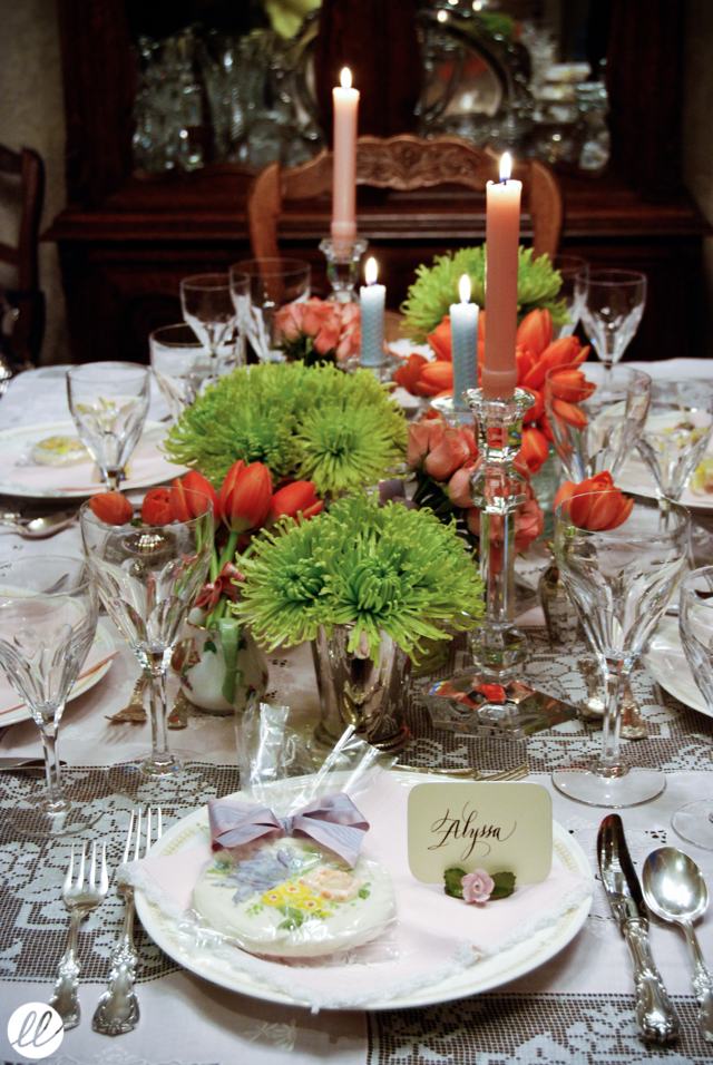 Calligraphy, Victoria Hoke Lane, spider mums, tulips, green, orange, pink, luncheon, tablescape, candles