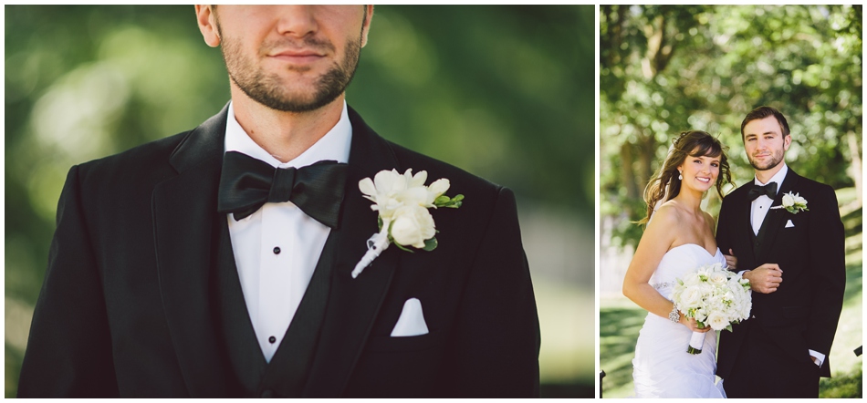 groom with bow tie and white flowers