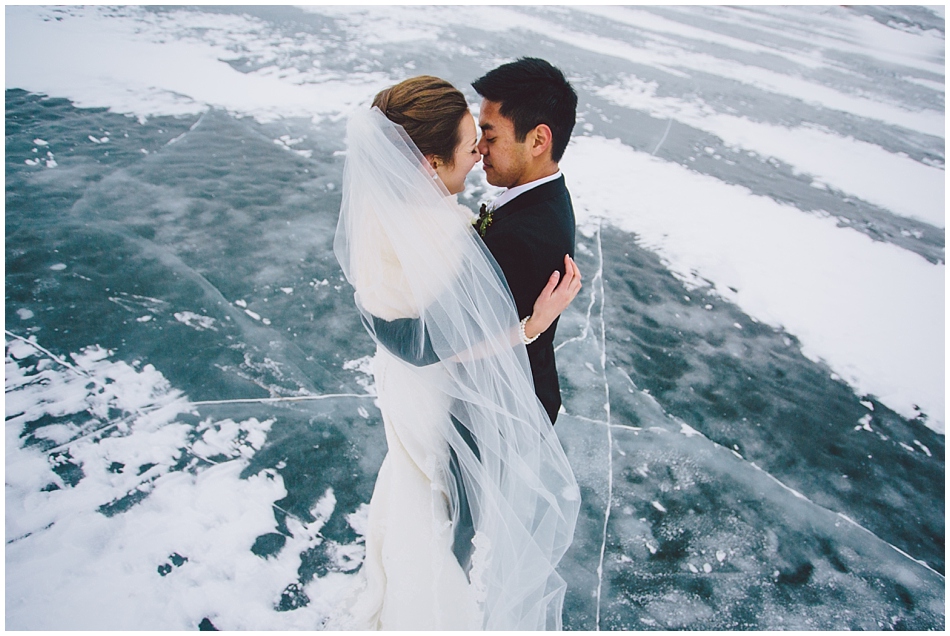 bride and groom on frozen lake