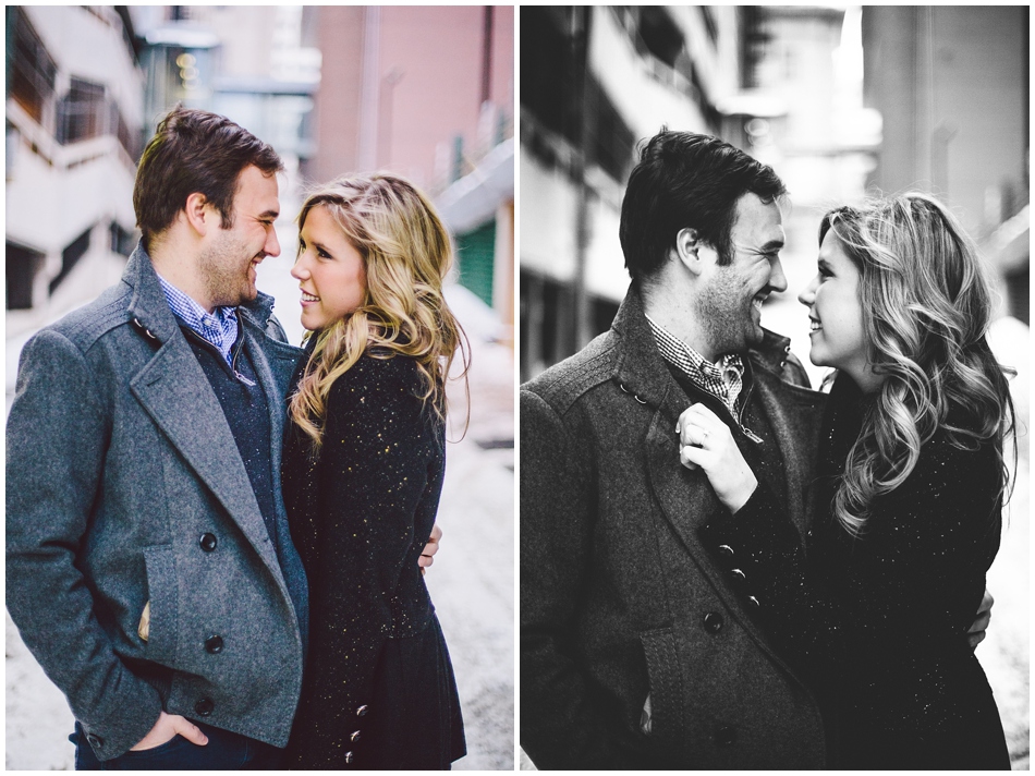 snowy engagement photos in alley, omaha, ne