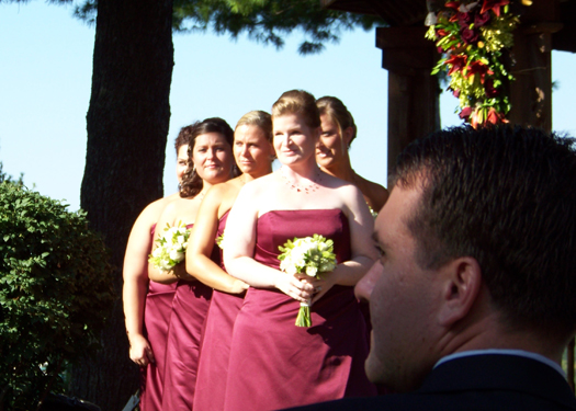 the bridesmaids look on as Allison makes her grand entrance