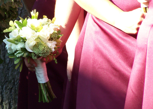 bridesmaid bouquet with Akito roses, Viviane spray roses, white freesia, boxelder, myrtle and green sedum