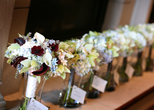 bridal bouquet with white and Schwartzwalder mini callas, chocolate cosmos, tweedia, hydrangea, stephanotis, cymbidium orchids and seeded eucalyptus