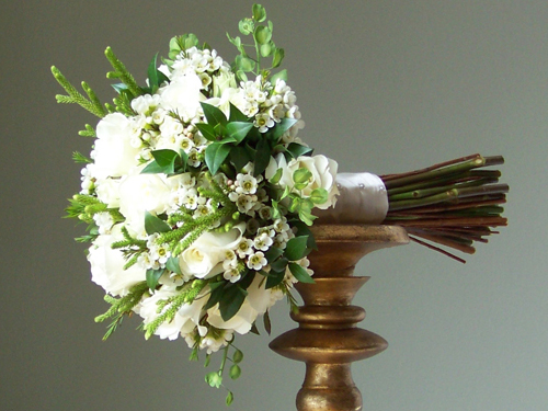 bridesmaid bouquet with Escimo Roses, Viviane spray roses, waxflower, lunaria, lycopodium and myrtle