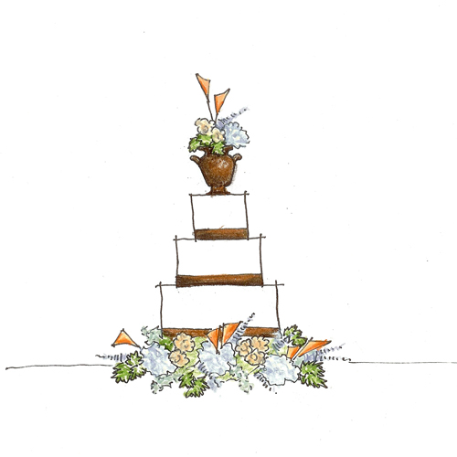 blue, green, orange and copper wedding cake sketch