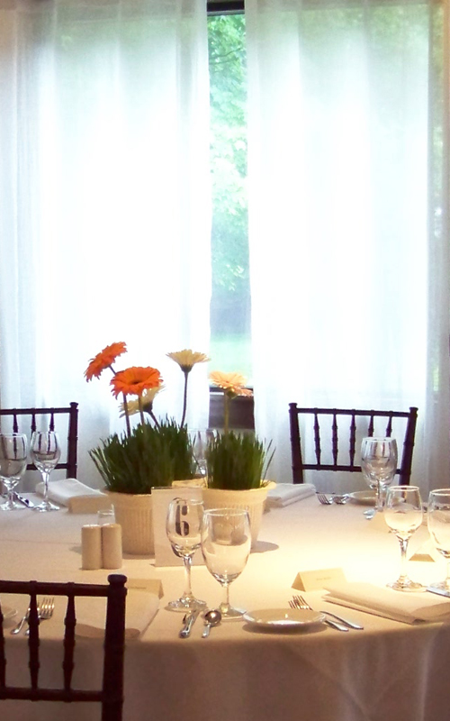 wheatgrass and gerbera centerpiece at the Peninsula Room at Mission Table, Traverse City, MI