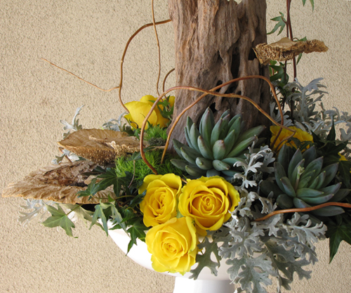 close up of a woodland arrangement with a reclaimed wood stump, sponge mushrooms, curly willow tips, yellow roses, Green Trick carnations, ivy,  Pachyveria succulents, and dusty miller in a ceramic pedestal bowl