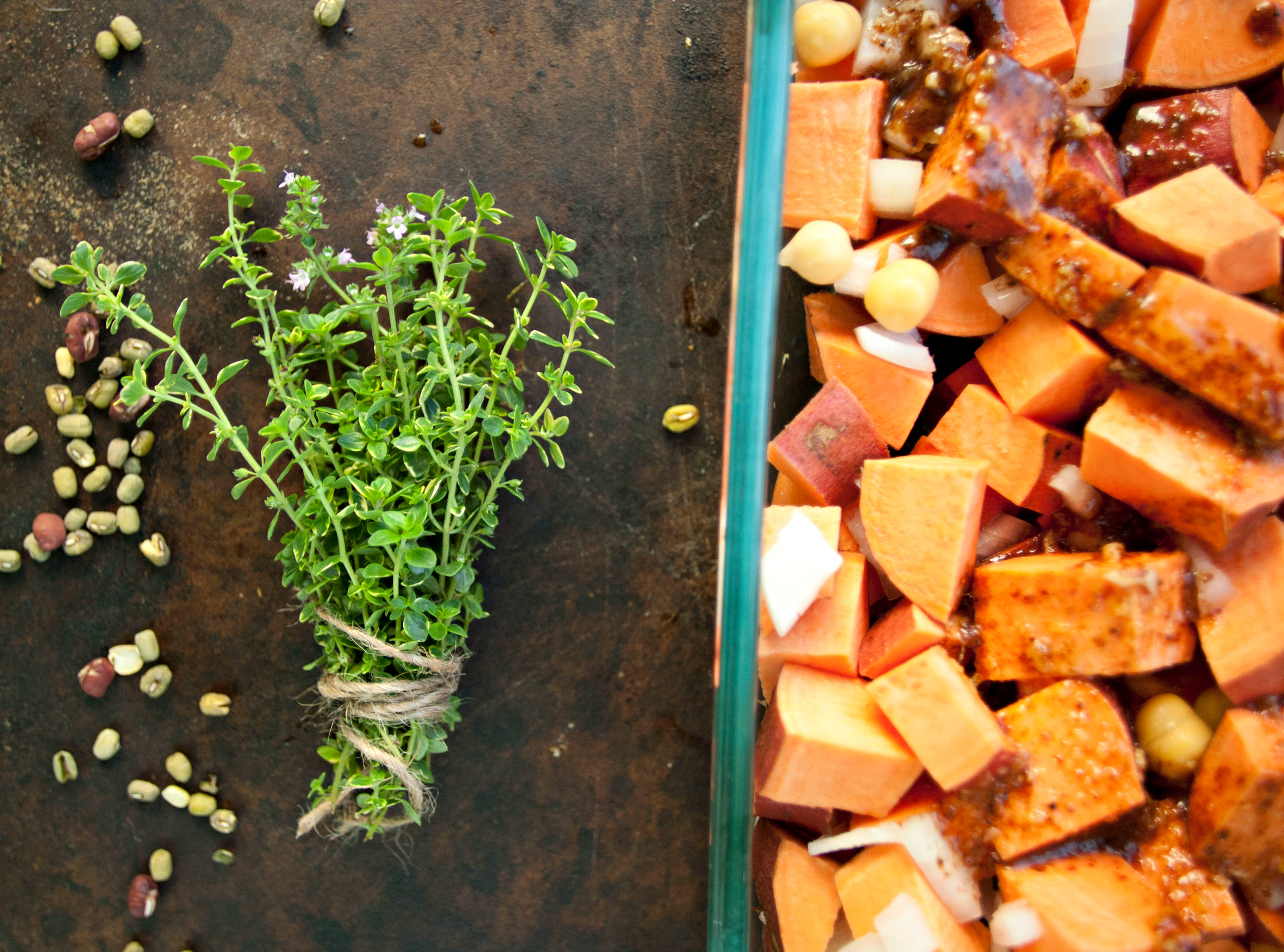 Produce On Parade - Roasted Fall Sweet Potatoes and Chickpeas with Sprouted Beans