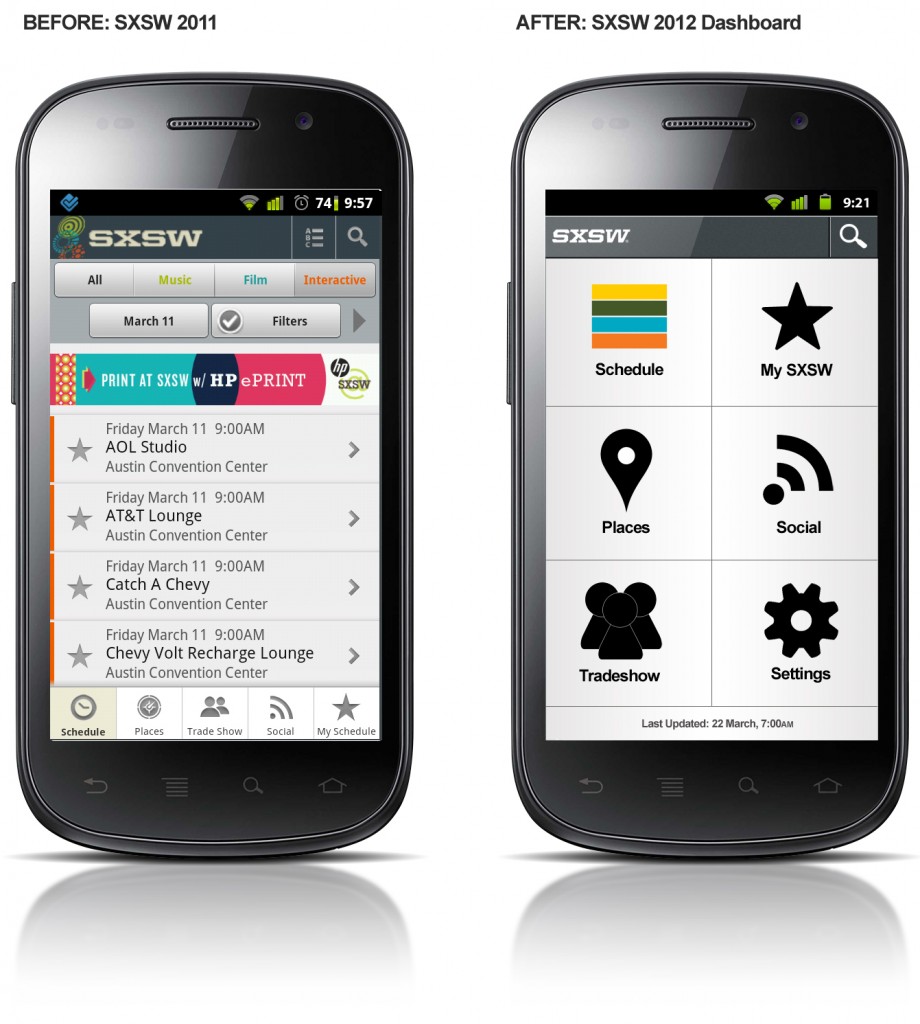 SXSW 2011 / SXSW 2012 Mobile App Dashboard Navigation