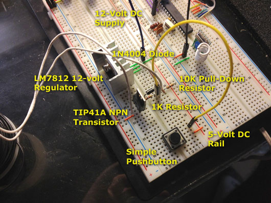 Breadboard solenoid bell circuit labeled