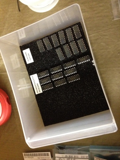 Stacking ICs in drawer with conductive foam and labels