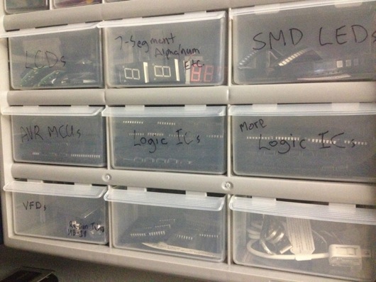 Parts drawers with Sharpie-scribed labels