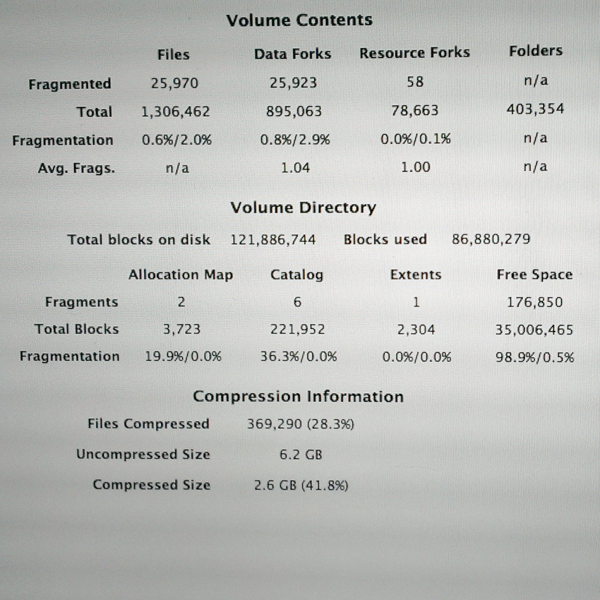 This is iDefrag's stats view of my early 2008 MacBook Pro hard drive.