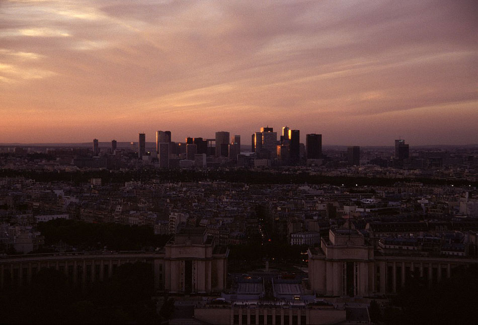 Sunset over paris, with La Defence in the distance