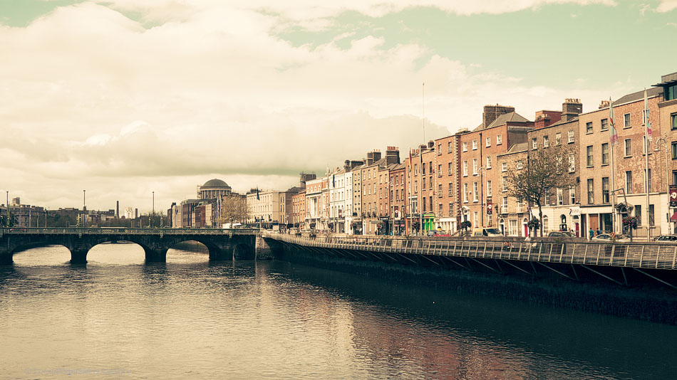 looking up the liffey towards the four courts in Dublin City