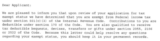 IRS 501c3 letter text