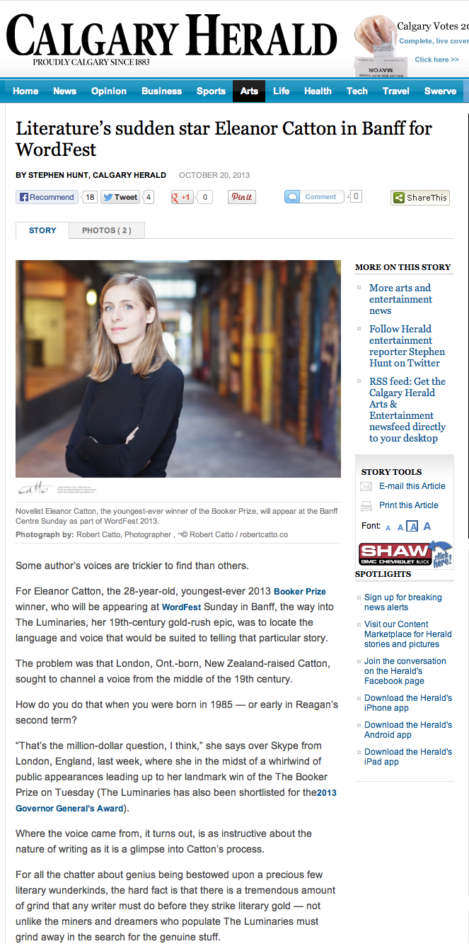 Eleanor Catton in the Calgary Herald