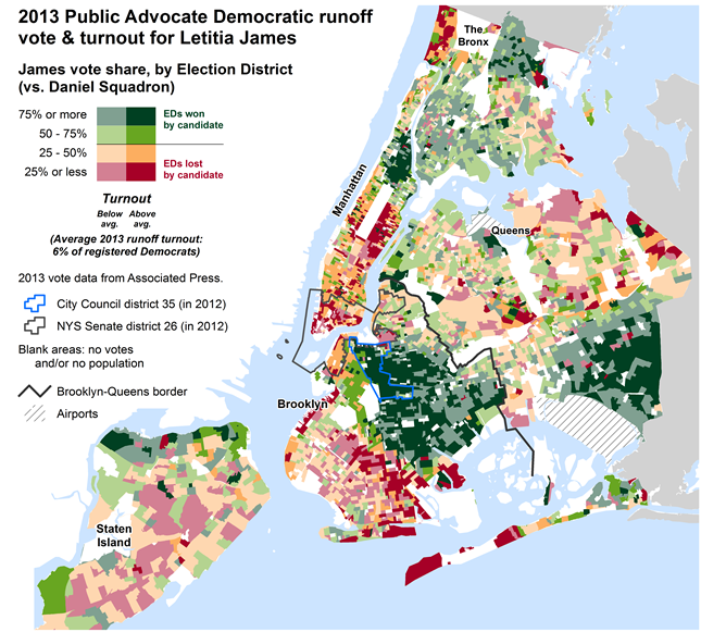 2013 Public Advocate Democratic runoff vote & turnout for Letitia James