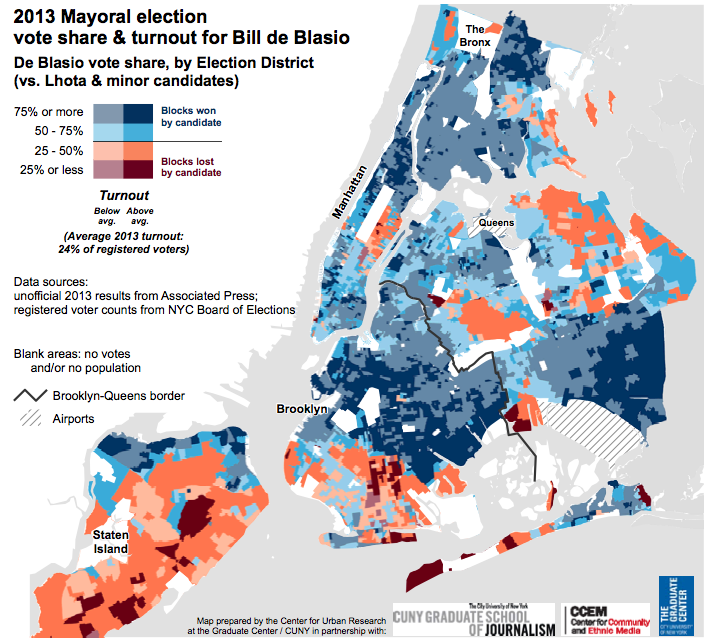 2013 Mayoral election vote share & turnout for Bill de Blasio