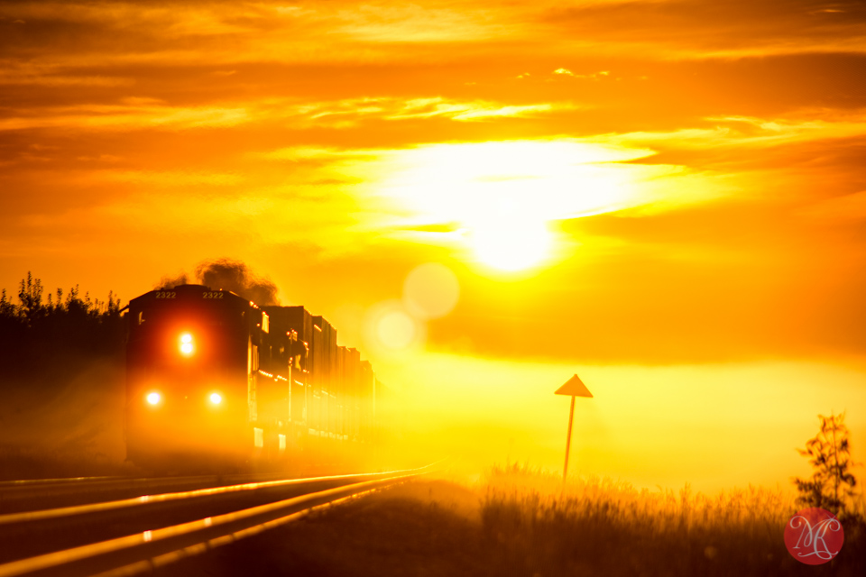 sunrise landscape alberta train fog photography